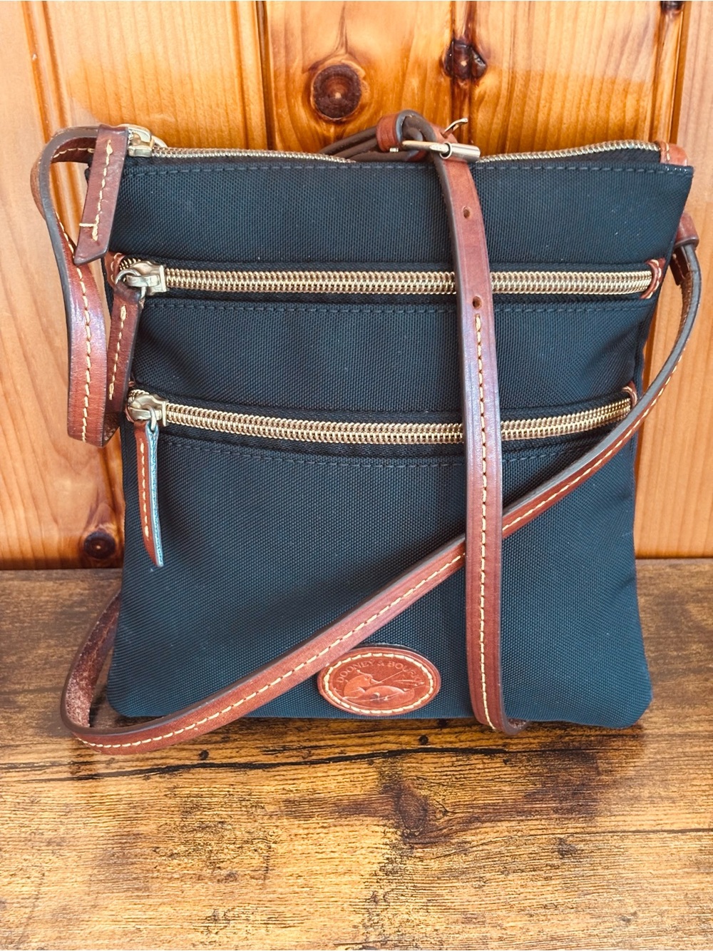 Dooney & Bourke Black Nylon Crossbody with Brown Leather Trim